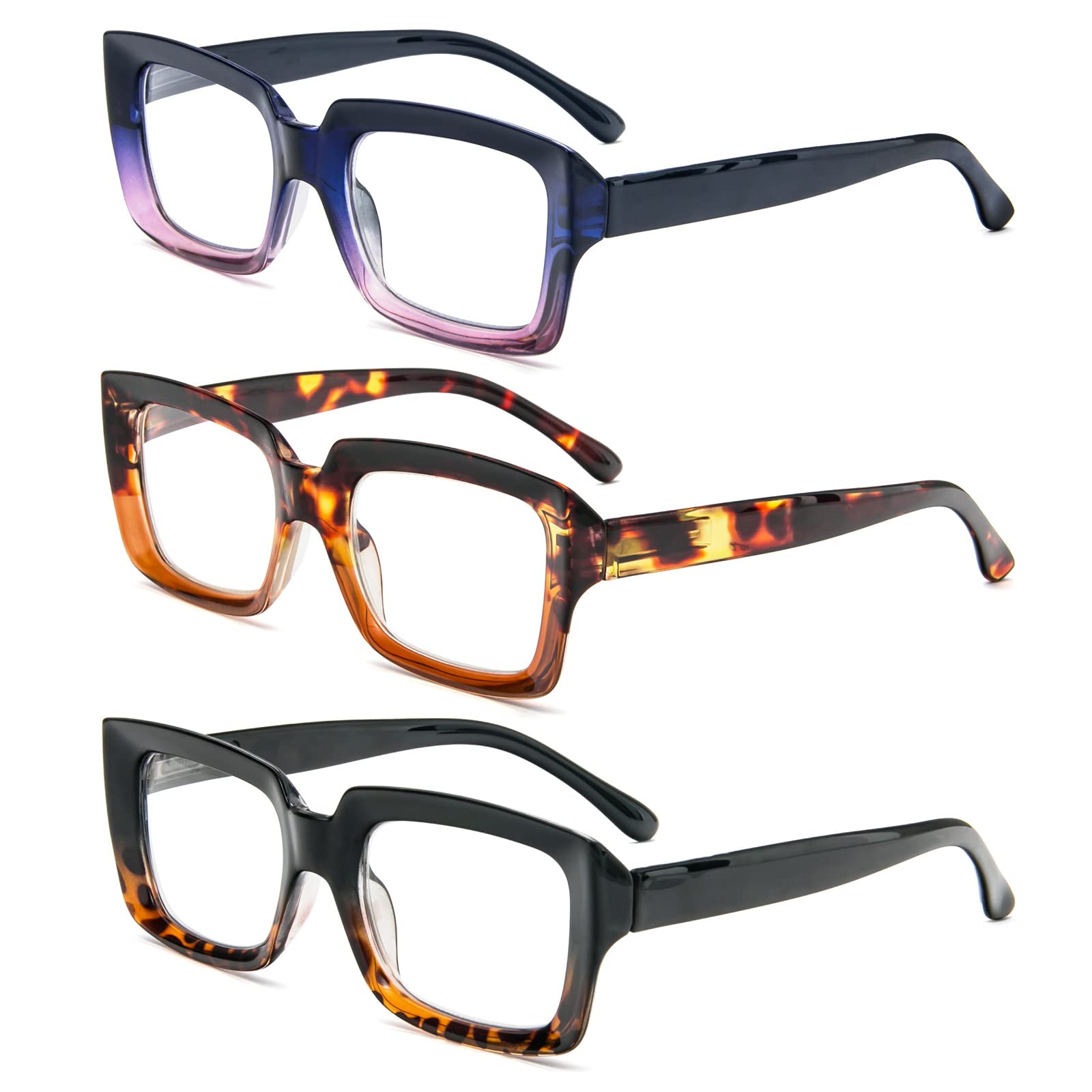 MMOWW 3-Pack Reading Glasses for Women - Blue Light Blocking Stylish Oversize Square Frame Anti Glare Digital Eyestrain Ladies Reader (Black Tortoiseshell + Tortoiseshell Tea + Blue Purple, +3.5)
