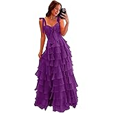 IMCACTOR Tiered Prom Dresses with Bow 2026 Spaghetti Straps Long Layered Ruffle Chiffon Ball Gowns with Slit IMR066