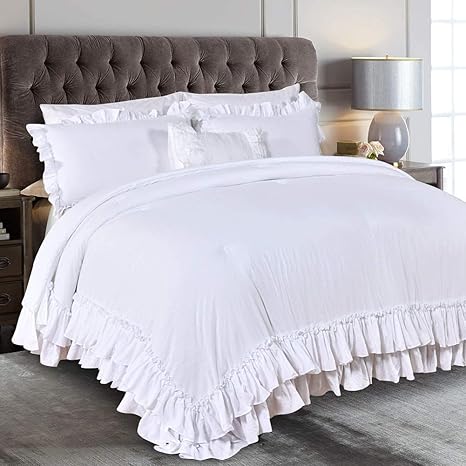 Amazon Com Queen S House Farmhouse Ruffled King Size Comforter Set White Lightweight Fluffy Boho Chic Bedding Comforter Ultra Soft Microfiber Inner Fill Bedding Kitchen Dining