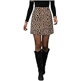 winkbay Women's Leopard Print Corduroy Mini Skirt Vintage Zipper Front High Waisted A Line Skirts with Pockets