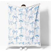 Reateforin Blue Bows Blankets Preppy Coquette Room Decor Electric Blanket Girls Bedroom Decor Trendy Bow Throw Blanket Coquette Girly Blanket Gifts for Women Teens Soft Flannel Lightweight 50"x60"