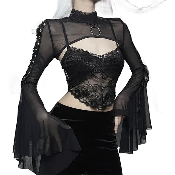 Cph/Goth 黒 セットアップ Women Goth Crop Tops Gothic Punk Fishnet Cover Up Bell Sleeve