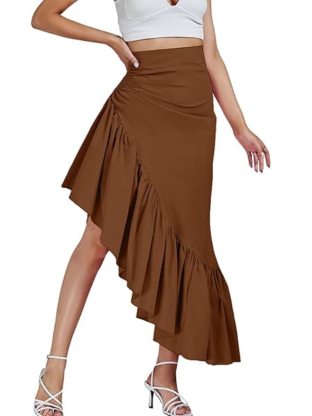 UMENLELE WOMEN’S RUCHED RUFFLE HIGH LOW ASYMMETRICAL HEM HIGH WAIST MIDI SKIRT BROWN X-LARGE