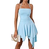 EYNMIN Women's Summer Mini Dress Bodycon Ruched Backless Halter Flowy Ruffle Party Club Short Dresses