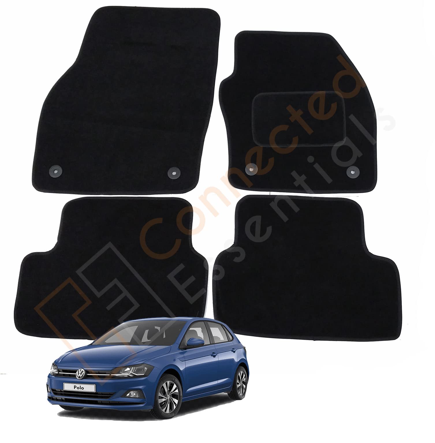 Fully Tailored Car Mats for Volkswagen VW Polo MK6 2018-2021, Set of 4 Floor Mats, Black with Black Trim with 4 Safety Clips by Connected Essentials