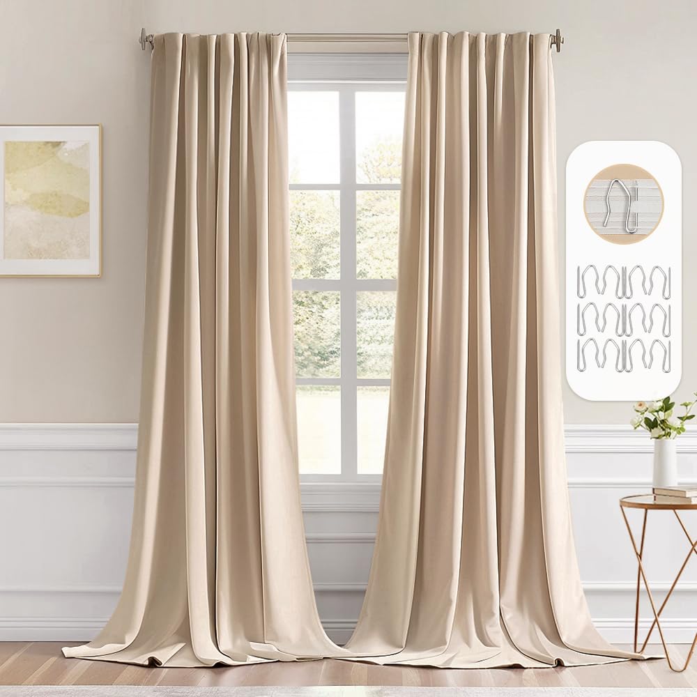 Photo 1 of MIULEE Back Tab Beige Curtains 102 Inch Long 2 Panels Set for Living Room Bedroom, Cream Rod Pocket/Pinch Pleated Light Blocking Thermal Insulated Room Darkening Floor to Ceiling Blackout Drapes