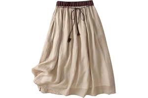 Oplxuo Cotton Linen Midi Skirts for Women Boho Elastic Waist Drawstring A-Line Flowy Swing Beach Vacation Summer Skirts