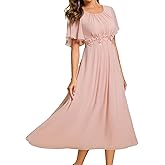 Ever-Pretty Women's Round Neck Pleated Short Sleeves Appliques A-line Chiffon Midi Formal Evening Dresses 02961