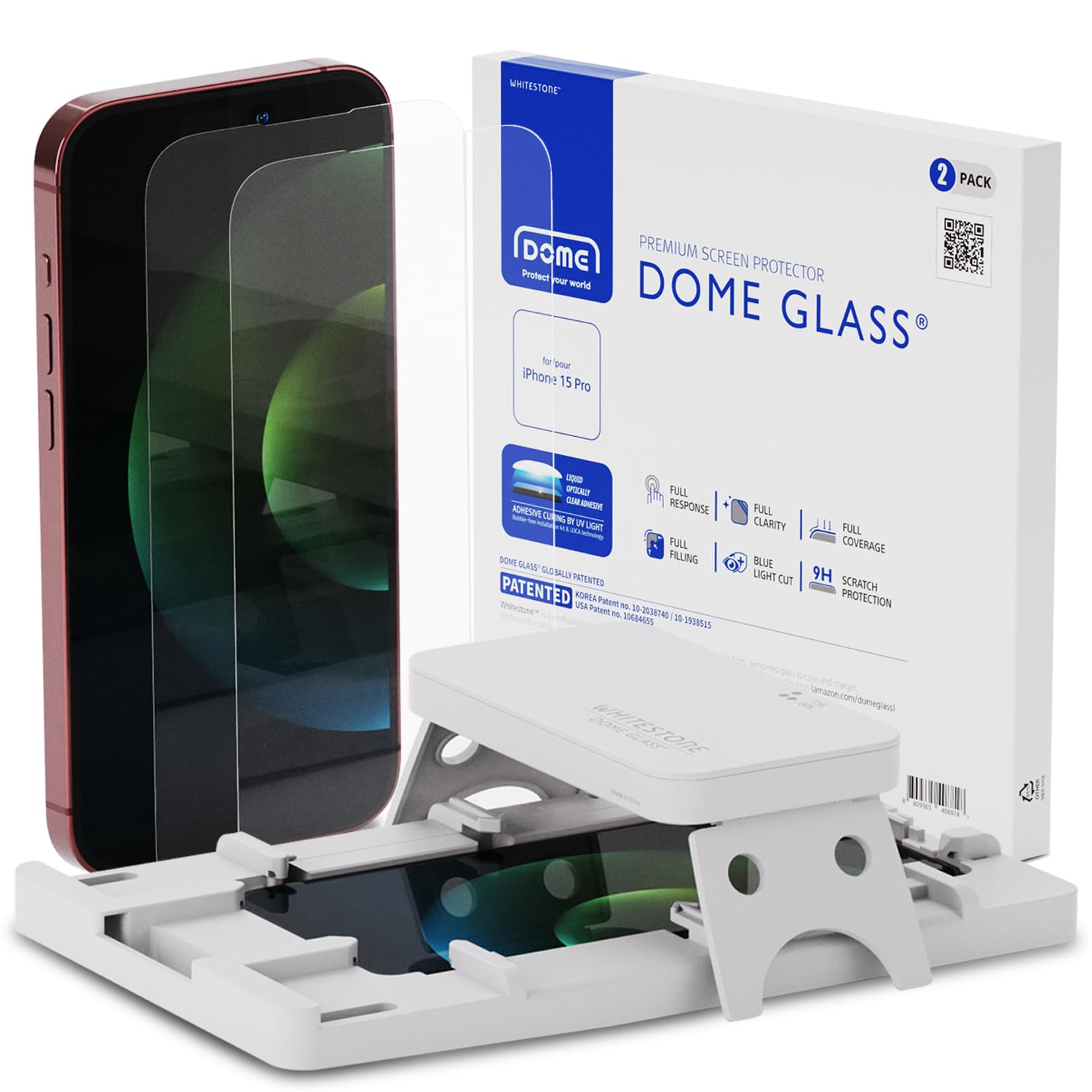 DOME GLASS Whitestone Screen Protector for iPhone 15 Pro, Full Tempered Glass Shield with Liquid Dispersion Tech [Easy to Install Kit] Smart Phone Screen Guard - 2pack