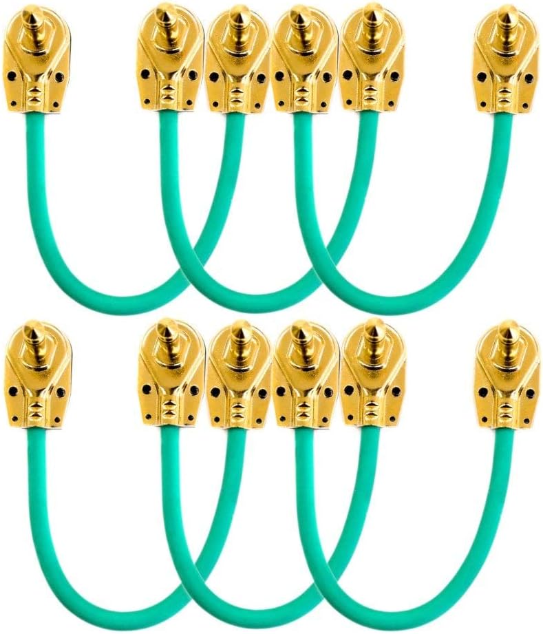 Guitar Patch Lead 6.35mm 1/4" Pancake Angled Jack/Effects Pedal FX Instrument Cable (Green, 0.15m, Pack of 6)