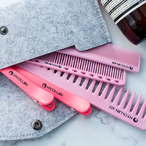HYOUJIN 5in1 6ps Pink Professional Hair Styling Comb Set kit Beard Comb kit set & Heat-resistance w/Cutting Comb + Wide tooth comb + Pintail comb + 2 Hair Clips & Felt Pouch