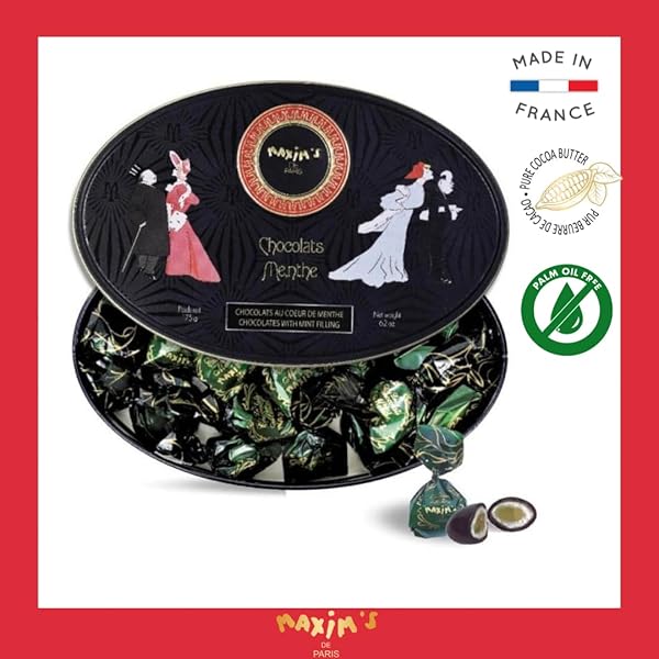 MAXIM’S DE PARIS – CHOCOLATE COVERED MINT CANDIES IN A LUXURIOUS OVAL TIN BOX BLACK AND GOLD, BELLE EPOQUE DESIGN, 175 G