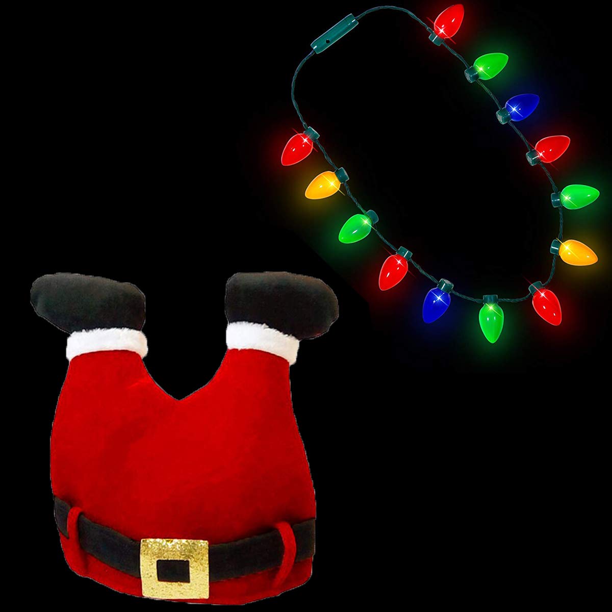 2 Pieces Ugly Sweater Christmas Party Kit, Includes Red Santa Hat and LED Christmas Bulb Necklace for Ugly Sweater Christmas Xmas Holiday Party