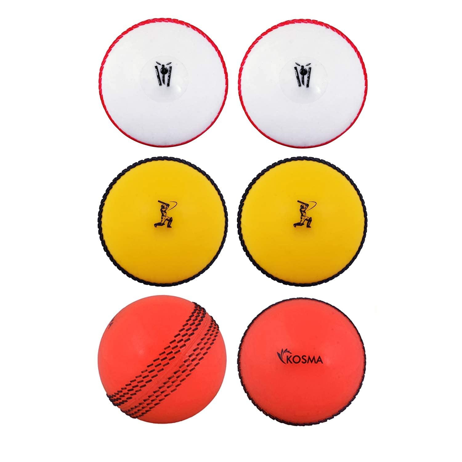 Kosma Set of 6 Windball Cricket Ball | Indoor & Outdoor Soft Training Cricket Ball for Coaching Practice (2 each of White with Red Seam, Yellow with Black Seam, Orange with Black Seam)