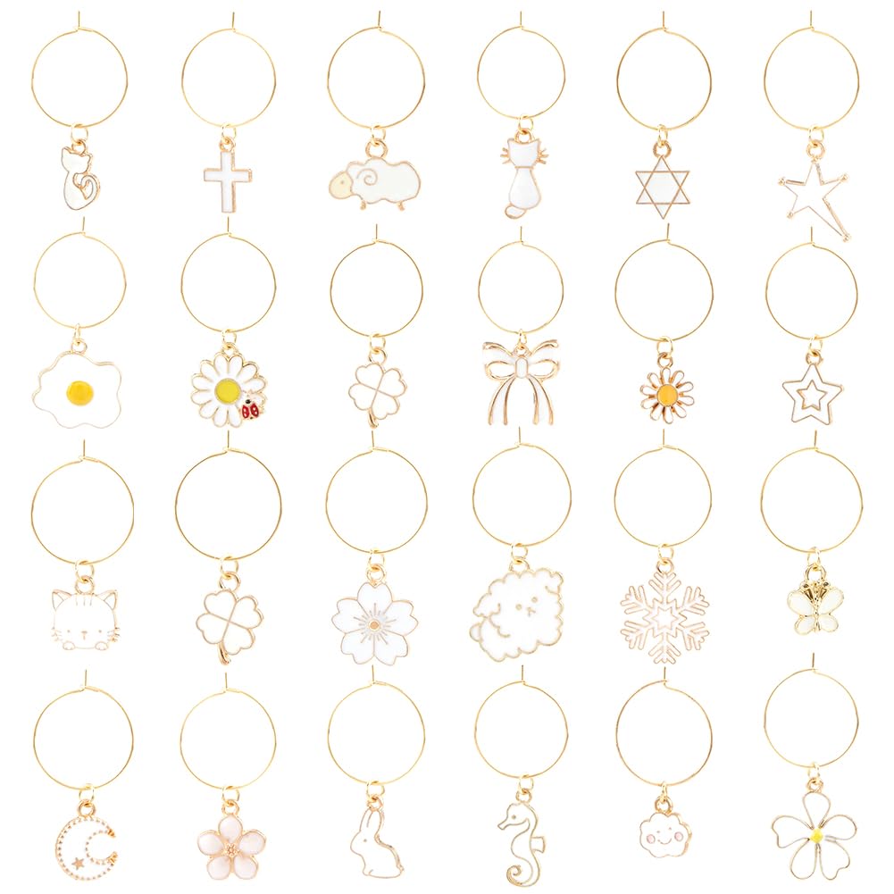 SUNNYCLUE 24Pcs Wine Glass Charms Wine Glasses Markers Charm Bulk Gold Metal Alloy Flower Animal Star Moon Snowflake Identifier Drink Rings Tags Charms for Summer Christmas Party Wine Decorations