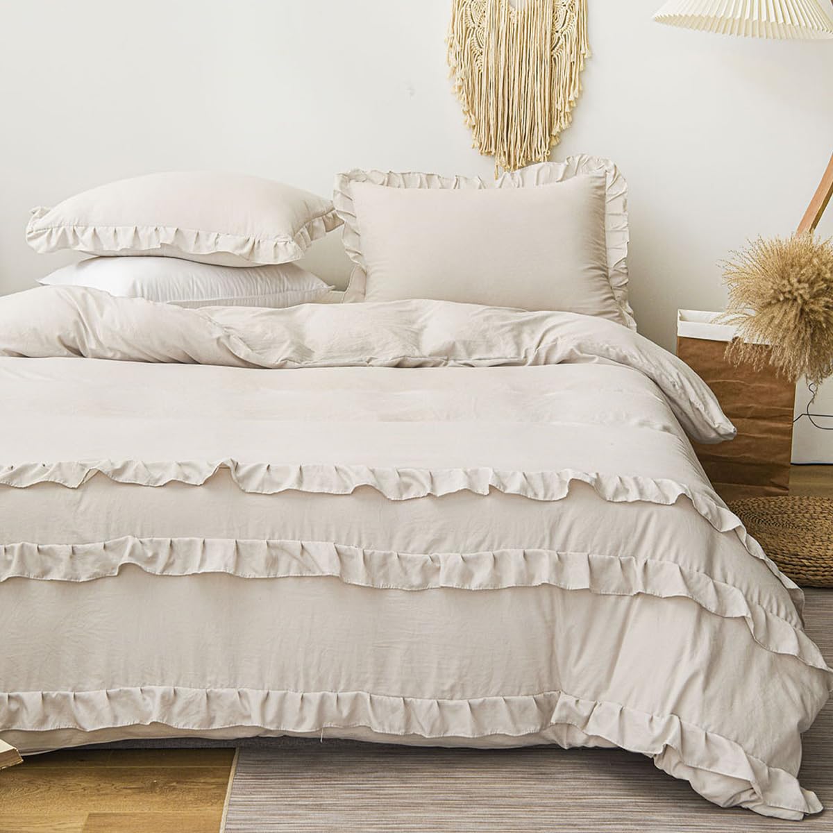 Photo 1 of Jolusere Beige Ruffle Duvet Cover Set Queen 3Pcs Ruffled Duvet Cover Cottagecore Frilly Bedding Set 100% Washed Microfiber Shabby Chic Farmhouse Bedding with Zipper Closure(No Comforter)