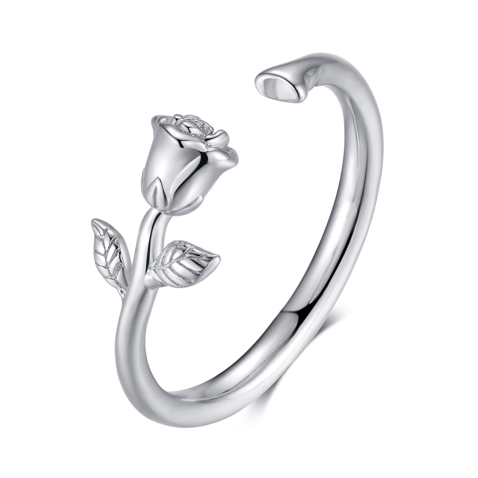 Qings Rose Flower Ring 925 Sterling Silver, Rose Flower Open Ring for Women, Adjustable Rose Rings for Girls