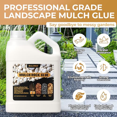 BALORIZ Rock Glue - 68oz Mulch Glue for Landscaping, Pea Gravel & Stones Bark, Strong Stabilizing Gravel Glues with Applicator Non-Toxic, Ready-to-Use for Paths, Patios & Garden Borders