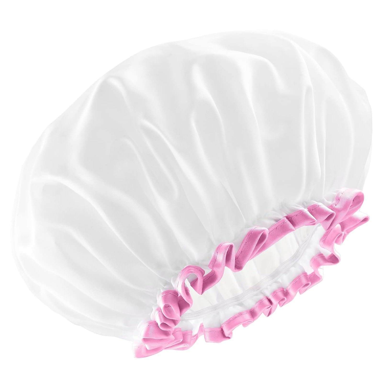 White Large Shower Cap for Women Long Hair, Reusable Waterproof Double Layers Bathing Hair Cap Soft Comfortable PEVA Lining, Cute, Non fading & Stretchy Shower Hat