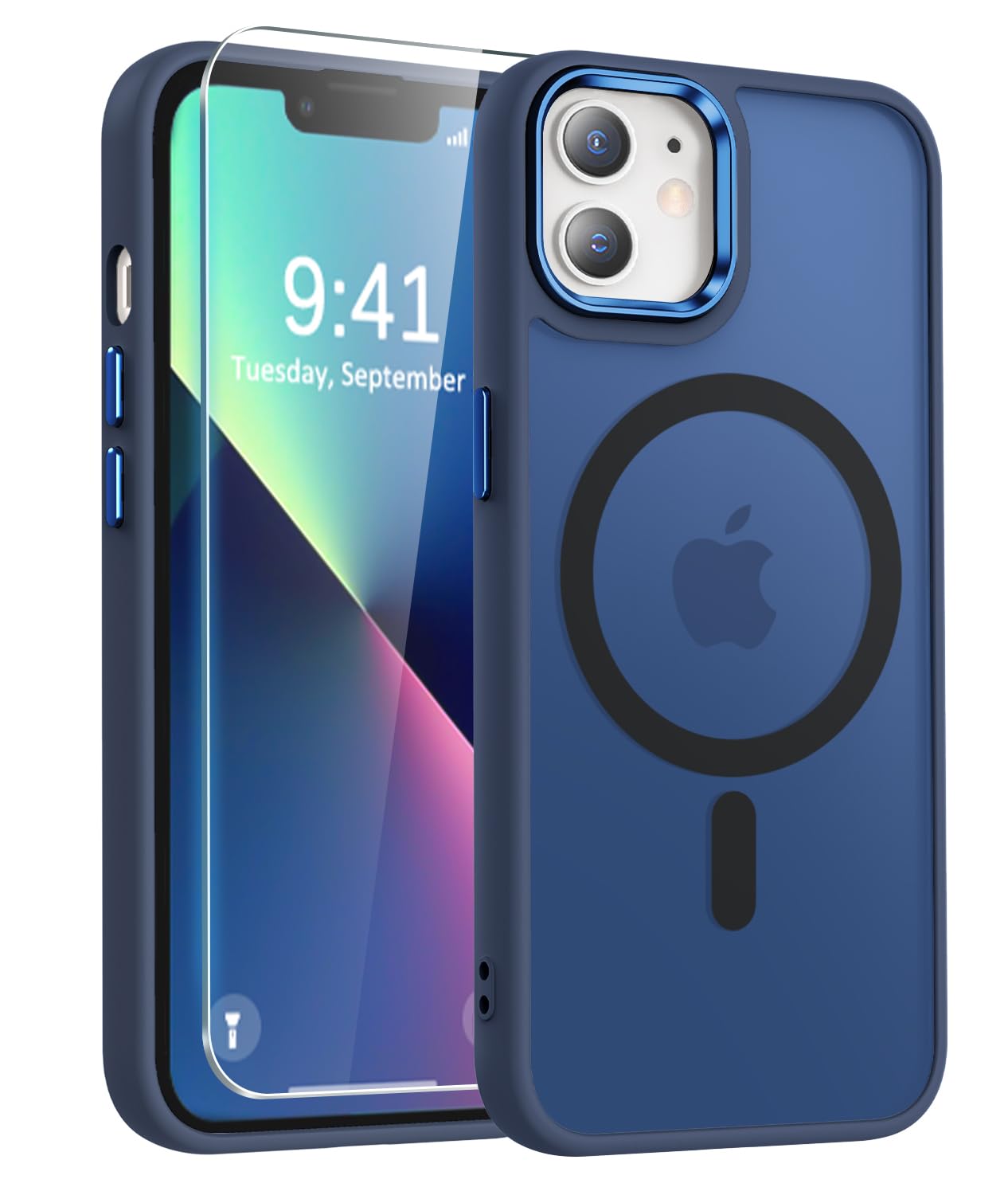 Photo 1 of WRJ Case Designed for iPhone 12/12 Pro, Translucent Magnetic Phone Case for Women Men [Compatible with Magsafe] Slim Anti-Fingerprints Shockproof Protective Cover with Screen Protector-Blue