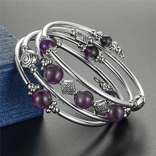 Beaded Bangle Wrap Amethyst Bracelet - Fashion Bohemian Jewelry Multilayer Charm Bracelet with Thick Silver Metal Beads for Women Girls Gifts (Purple)