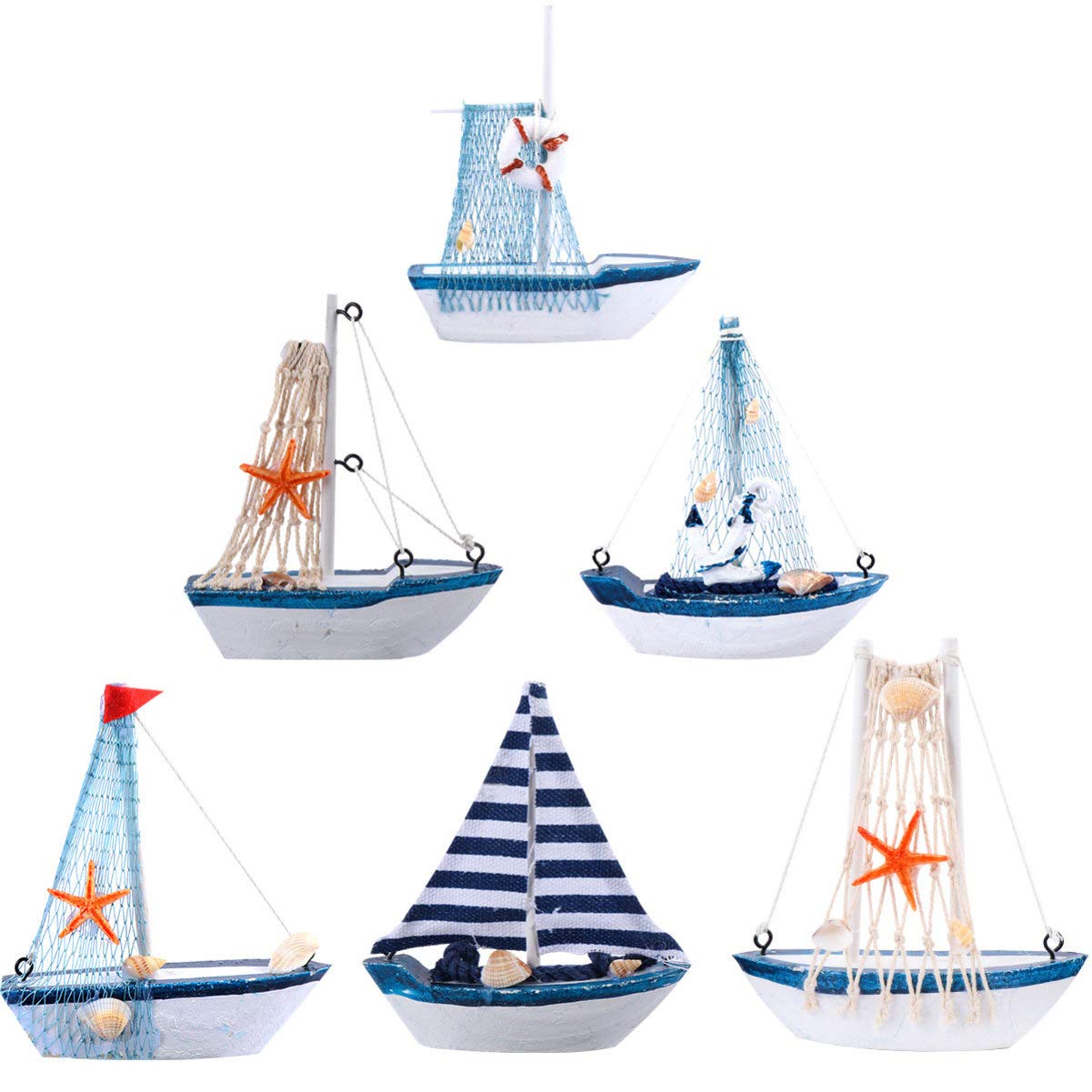 WINOMO 6Pcs Wooden Miniature Sailing Boat Mediterranean Style Miniature Mini Sailboat Model Fishing Boat Ornament for Home Nautical Decor (Colorful)