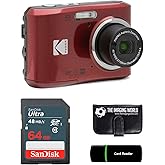 Kodak PIXPRO FZ45 16MP Digital Camera 4X Optical Zoom 27mm Wide Angle 1080P Full HD Video 2.7" LCD Camera (Red) + 64GB Card and Reader + Memory Wallet Bundle