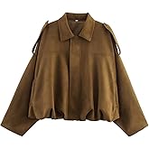 Tearsand Womens Faux Suede Bomber Jacket Cropped Zip Up Batwing Long Sleeves Jackets Oversized Streetwear Coat with Pockets