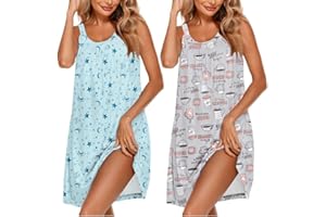 Ekouaer 2 Pack Nightgowns for Women Sleeveless Sleepwear Wide Strap Sleep Shirt Pleated Tank Sleepshirt S-3XL
