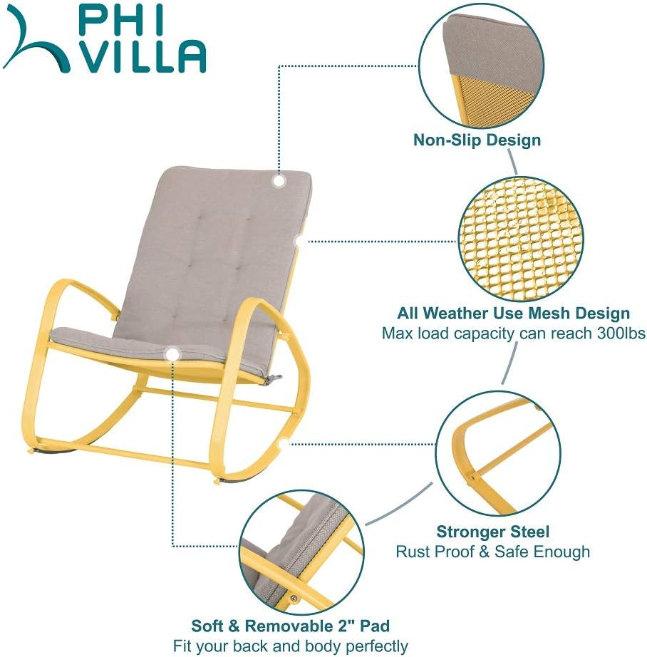 PHI VILLA Outdoor Patio Metal Rocking Chair, Padded Modern Rocker Chairs with Cushion, Support 300lbs for Porch, Deck, Balcony or Indoor Use (1 Pack, Yellow): Furniture & Decor