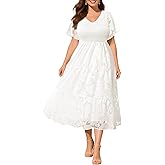 Pinup Fashion Plus Size Fall Wedding Guest Dress - Long Sleeve V Neck Floral Lace Smocked Flowy Tiered Midi Dress