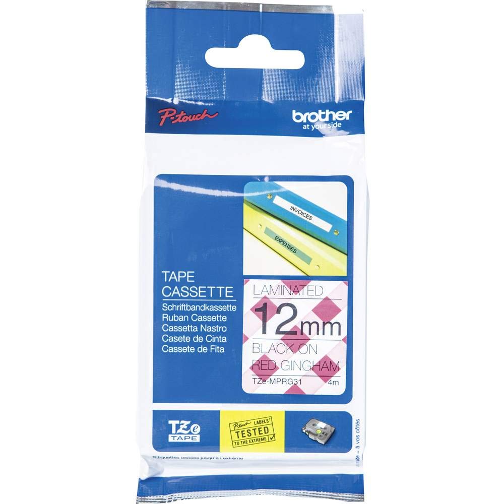 Brother TZe-MPRG31 Labelling Tape Cassette, Black on Red Gingham, 12 mm (W) x 4 m (L), Laminated, Brother Genuine Supplies