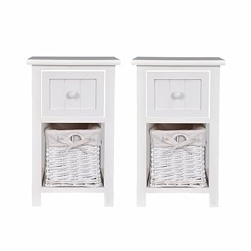 2 Layer End Side Bedside Table Nightstand Organizer With Wicker Storage White