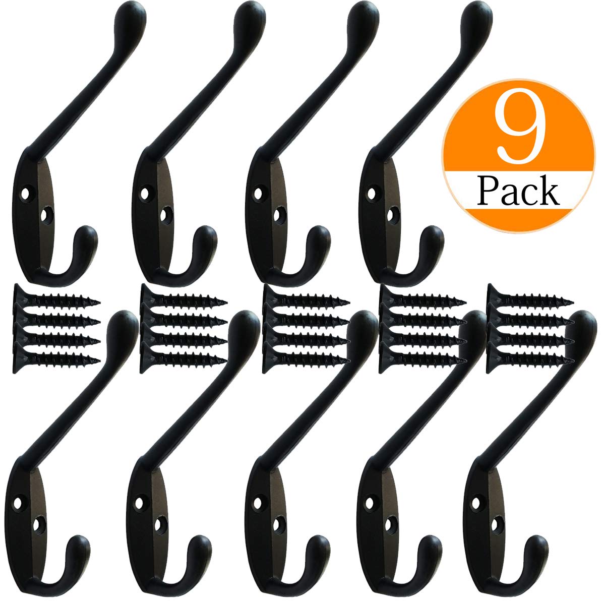 9 Pack heavy duty Coat Hooks Wall Mounted for Hat hardware Dual Prong