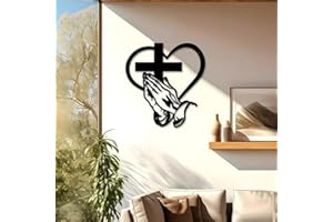 Elegant Metal Christian Heart & Cross Wall Art, Praying Hands Design, Decorative Iron Sculpture for Indoor/Outdoor, Perfect f