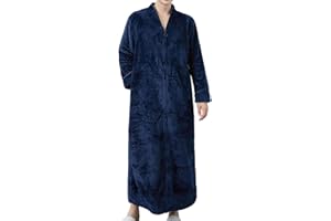 Mens Flannel Zip Bathrobes Long Fleece Plush Robe Housecoats Zipper Sleepwear Textured Zip Up Pajamas Loungewear