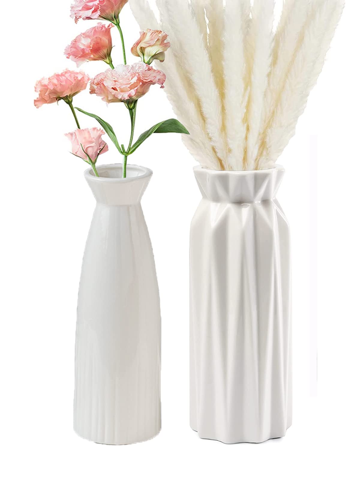 2pcs 7 Inch White Ceramic Vase for Flowers,Porcelain Vases,White Ceramic Vases, Boho vases for Pampas Grass, Modern Vase for Neutral Home Decor, Table Shelf Living Room Farmhouse Decor
