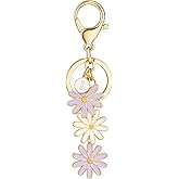 SELOVO Initial Keychain Daisy Flower Key Chain for Women Cute Pink Letter Keyring