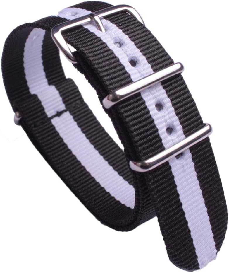 Nylon Watch Strap Replacement Regimental NATO Watch Band Black and White Wristband with Round String Stainless Steel Buckle Width 18mm 20mm 22mm 24mm