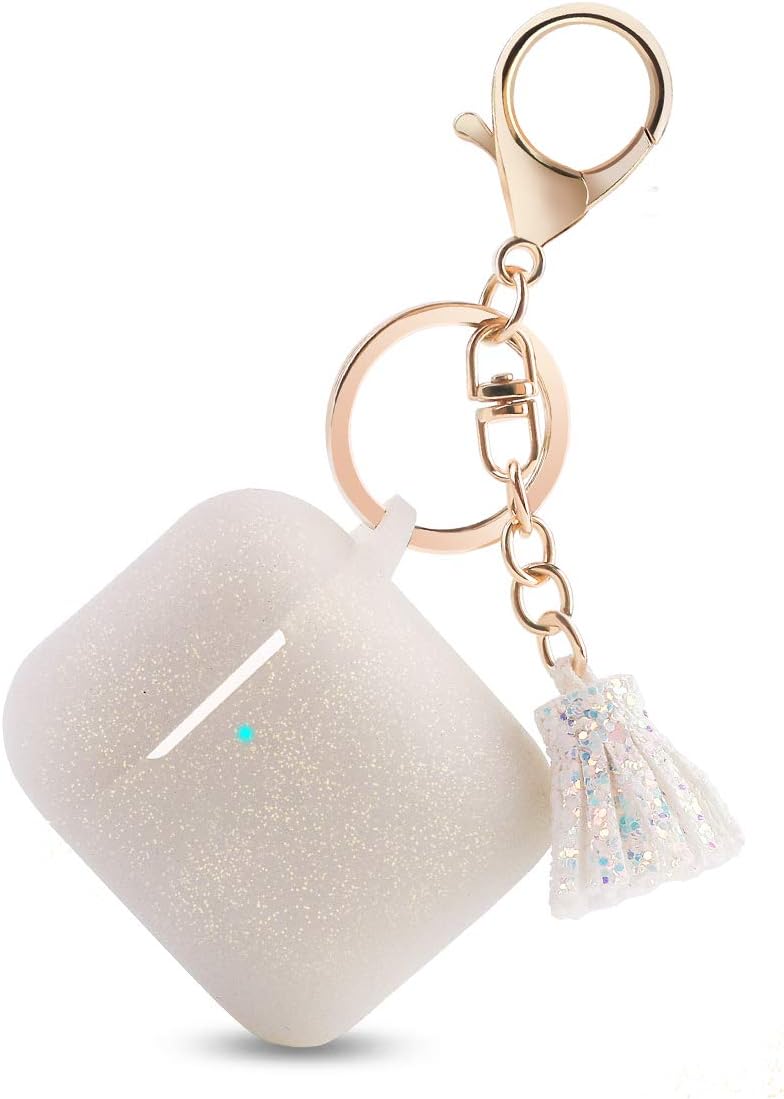 Bqmte Silicone Case Compatible for AirPods, [Front LED Visible] Tassel Keychain Accessories Cute Glittery Protective Case Cover for AirPods 2 & 1 (Glittery White)