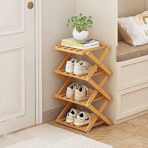 Vertical Shoe Rack Folding 4 Tier, Narrow Shoe Storage Rack, Bamboo Shoe Shelf, Tall Shoe Stand, Without Installation, Shoes Racks Small for Corridors, Entrance and Small Spaces, Wood Color