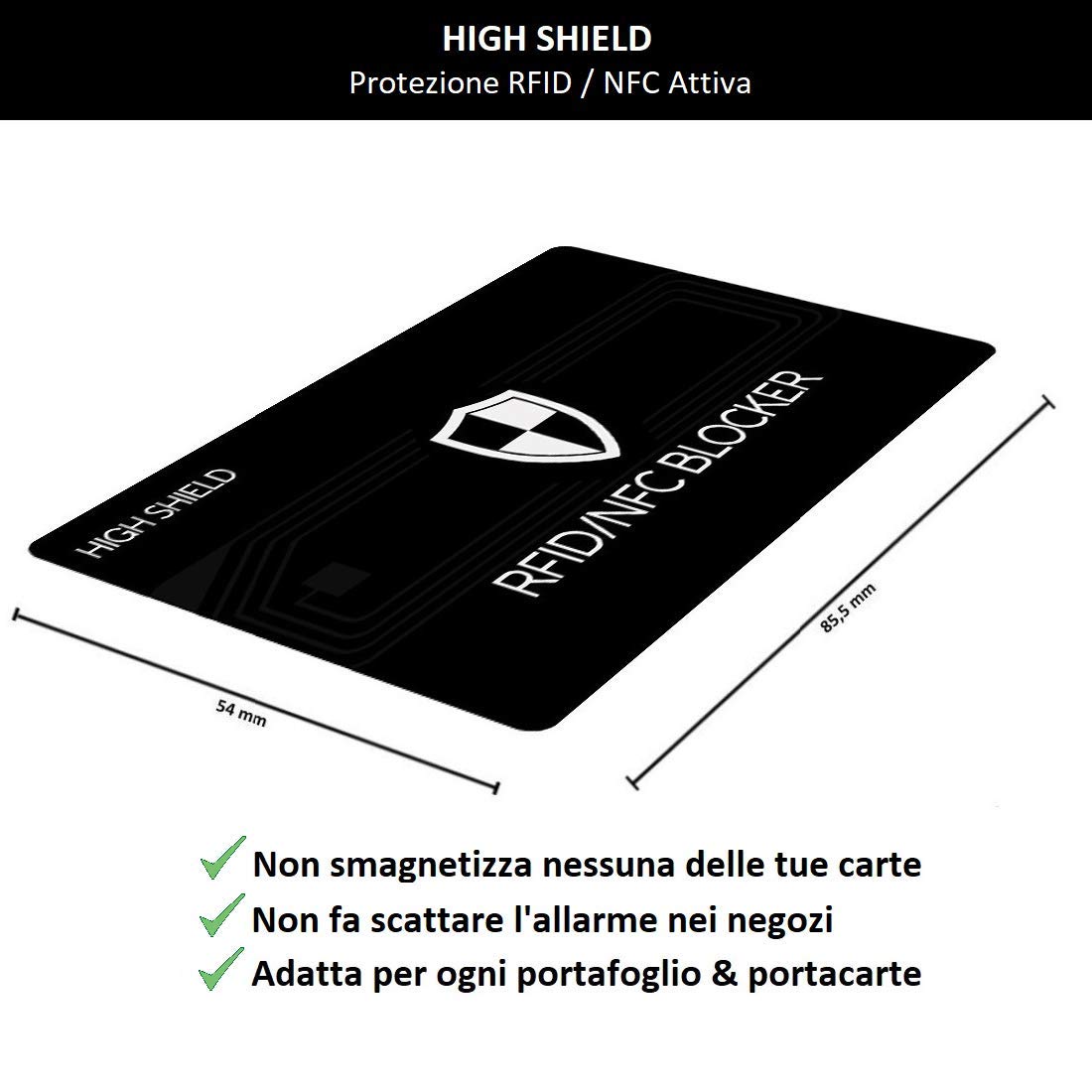 Protezione RFID HIGH SHIELD, RFID Card per Portafoglio, RFID Blocking Card Uomo e Donna, RFID Blocker, RFID/NFC Card Protection, Anti RFID - Protezione Totale per le tue Carte [NUOVA TECNOLOGIA]