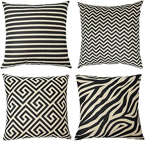 FINNEL 4 Packs Throw Pillow Cases 18 x 18 Inches Black and Beige Pattern Cotton Linen Blend Pillows Cover Cushion Cases Set of 4 (No Pillow)