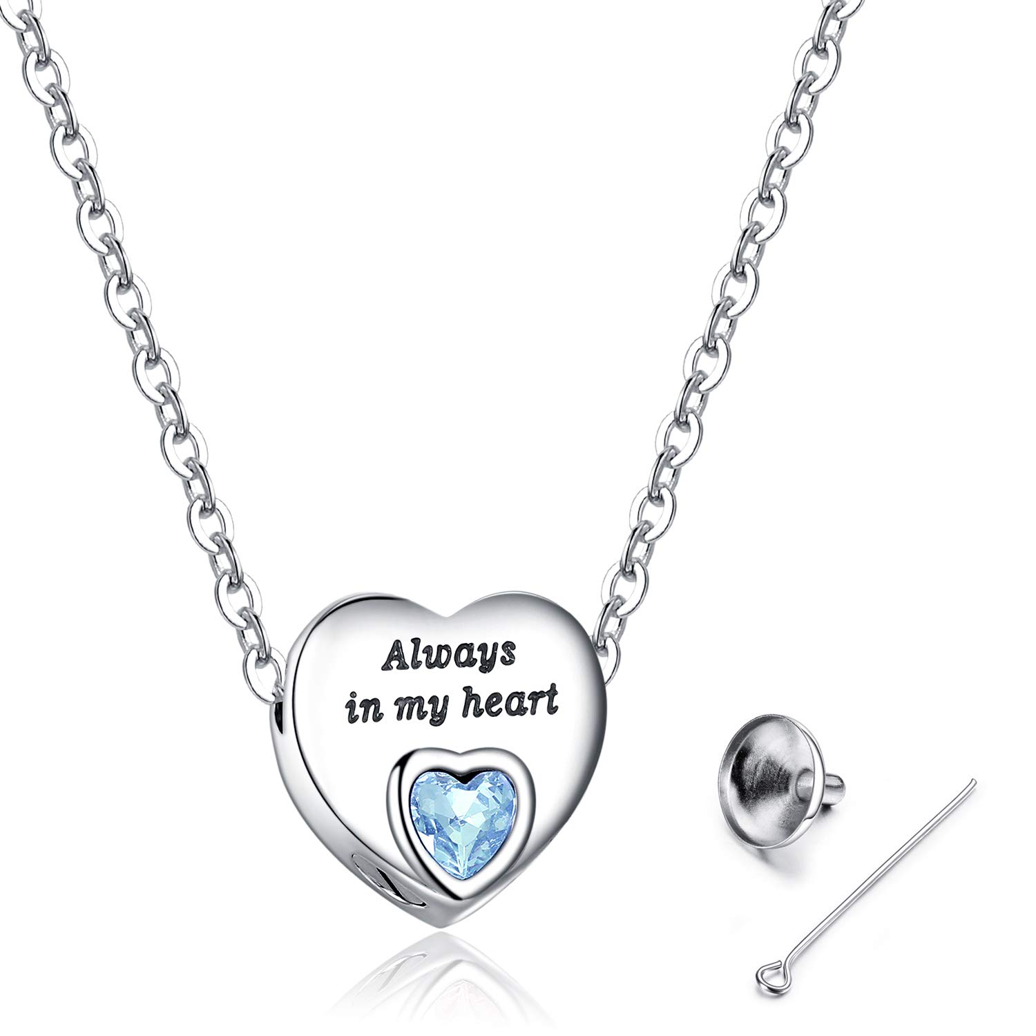 Heart Urn Necklaces for Ashes Birthstone Ashes Necklace Always in My Heart Cremation Jewelry Keepsake Memorial Necklace, Crystal, Cubic Zirconia