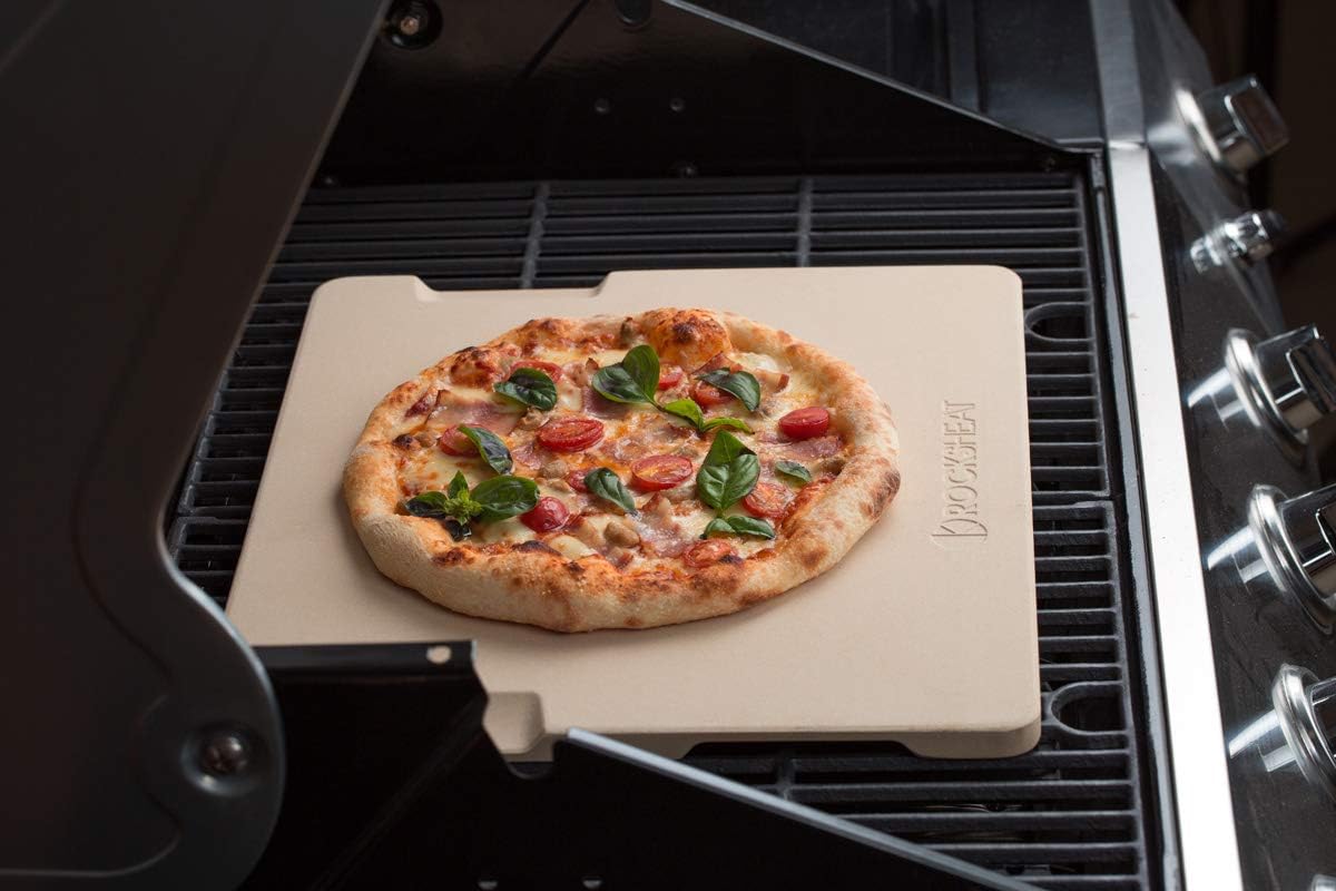 ROCKSHEAT Pizza Stone Baking & Grilling Stone, Perfect for Oven, BBQ and Grill. Innovative Double - Faced Built - in 4 Handles Design (12" x 12" x 0.6" Rectangular): Home & Kitchen