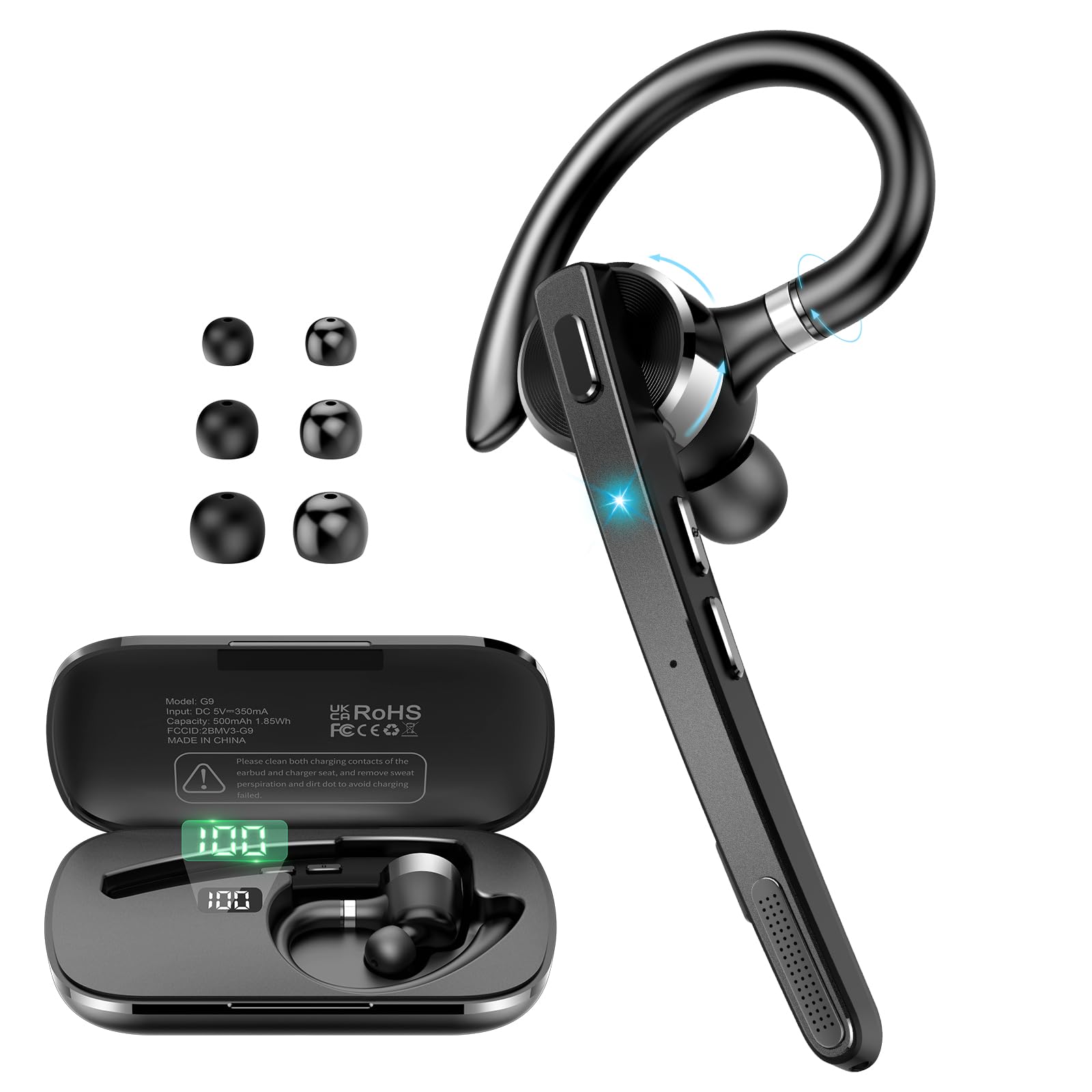 Photo 1 of Thunelec Bluetooth Headset Wireless Bluetooth 5.3 Earpiece, Dual Noise Cancelling Mics, 90Hrs Hands Free Headset with APTX HD Audio & Mute Button, Single-Ear Headphone for Trucker/Business/Office/Gym