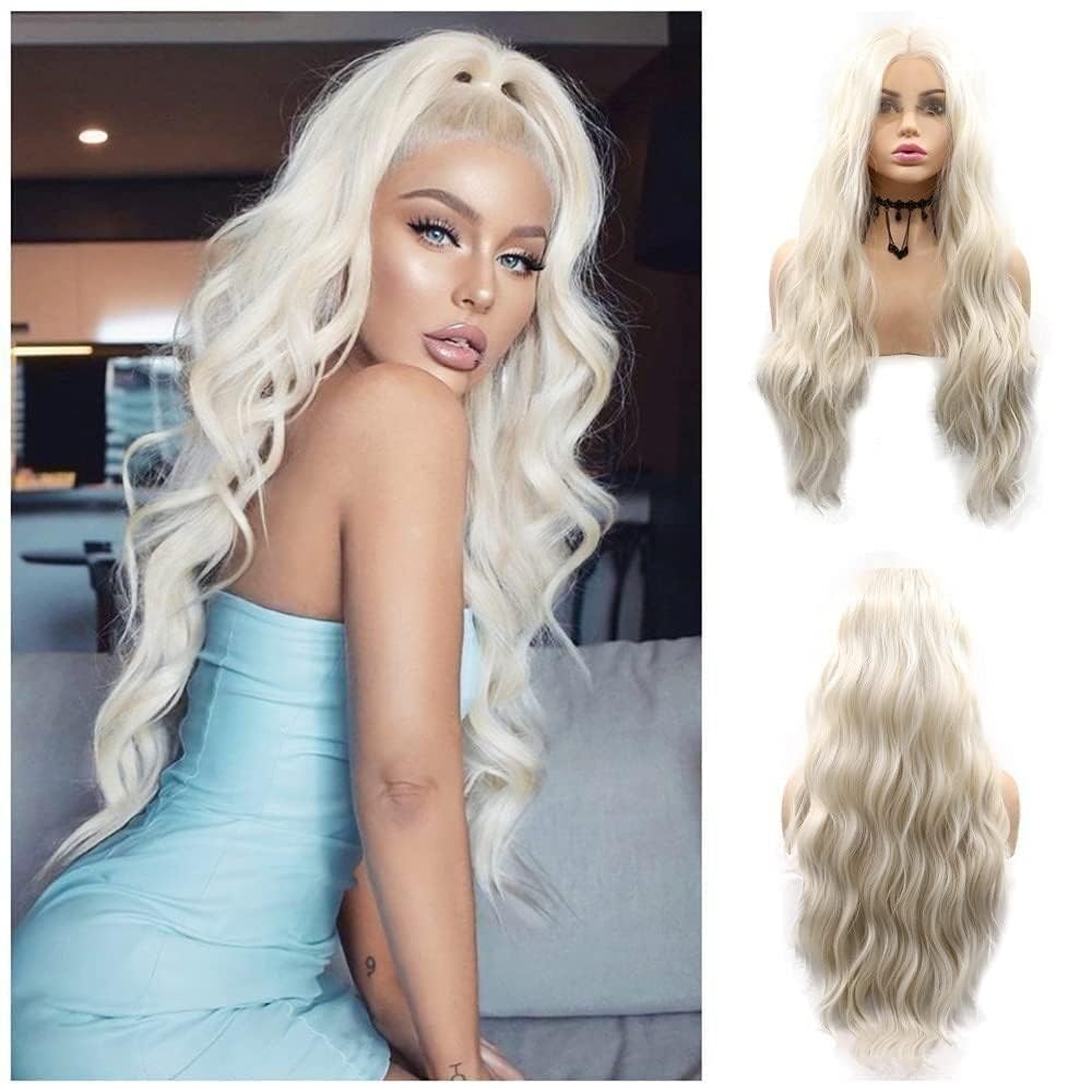 60# Platinum Blonde Water Wave Lace Front Wig - Synthetic Wavy Ombre Hair for Women - Heat Resistant Daenerys Cosplay Party Wig 26 Inch