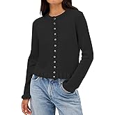Balimtoy Womens Cropped Ruffle Cardigan Lightweight Crewneck Long Sleeve Button Down Cotton Fall Sweaters Cute Knit Top