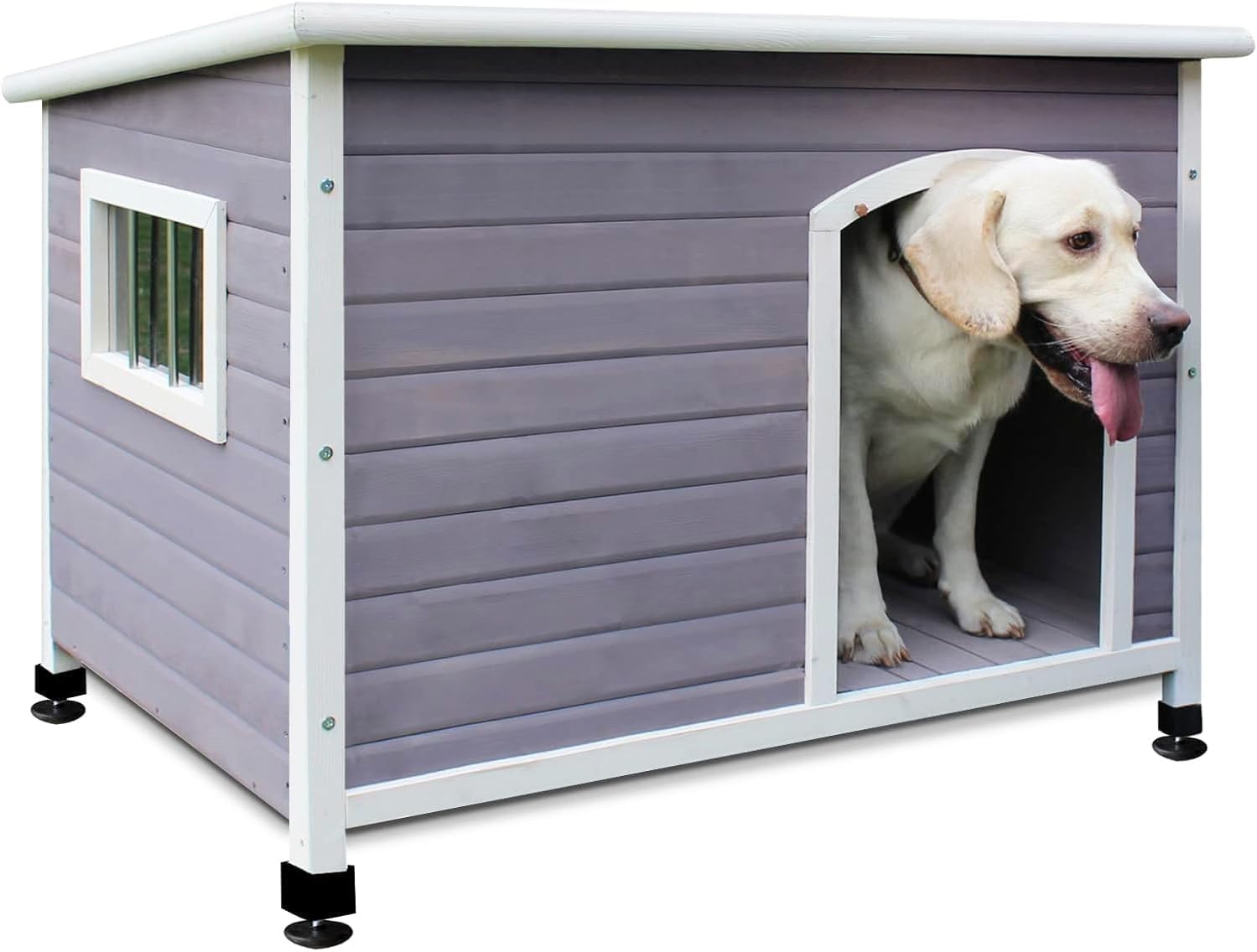 Photo 1 of 33.4" Dog Houses Outdoor Indoor, Weatherproof Dog Houses Outside with Window & Door Flap Cut Wooden Dog House, Clean & Assemble Easily-Gray