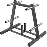SELEWARE 2" Olympic Weight Plate Tree Rack and Barbell Holders for Home Gym | Heavy-Duty Steel Bumper Plate Storage Rack with Locking Wheels, 8 Weight Pegs &amp; 2 Barbell Holders for 2" Weight Plates &amp; Bars